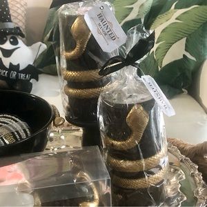 NIP! 2) Gothic Black Pillar Candles Gold Snakes + Candle Holders